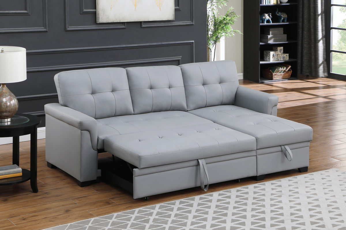 Lucca Gray 84"W Vegan Leather Reversible Sleeper Sectional Sofa with Storage Chaise