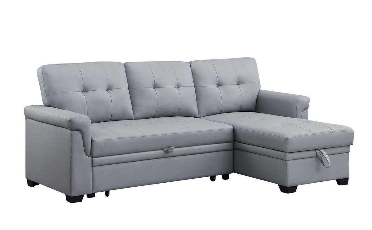Lucca Gray 84"W Vegan Leather Reversible Sleeper Sectional Sofa with Storage Chaise