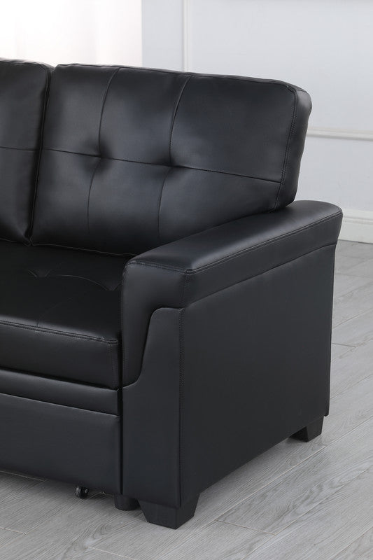Lucca Black 84"W Vegan Leather Reversible Sleeper Sectional Sofa with Storage Chaise