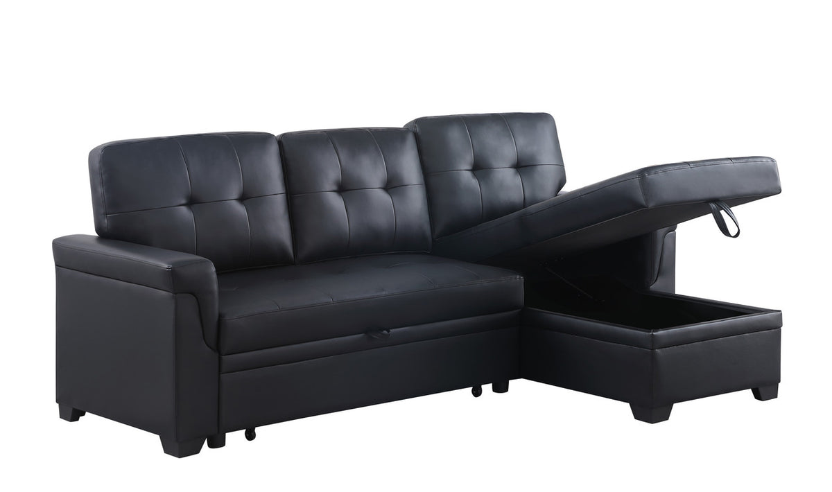 Lucca Black 84"W Vegan Leather Reversible Sleeper Sectional Sofa with Storage Chaise