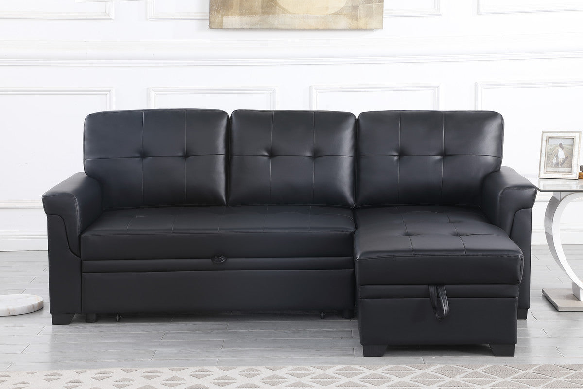 Lucca Black 84"W Vegan Leather Reversible Sleeper Sectional Sofa with Storage Chaise