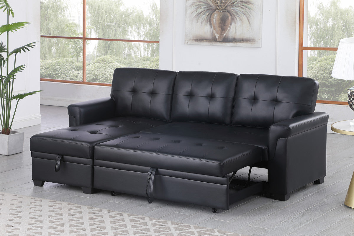 Lucca Black 84"W Vegan Leather Reversible Sleeper Sectional Sofa with Storage Chaise