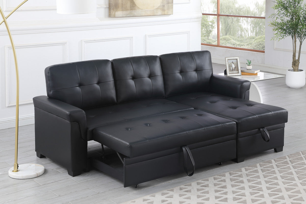 Lucca Black 84"W Vegan Leather Reversible Sleeper Sectional Sofa with Storage Chaise