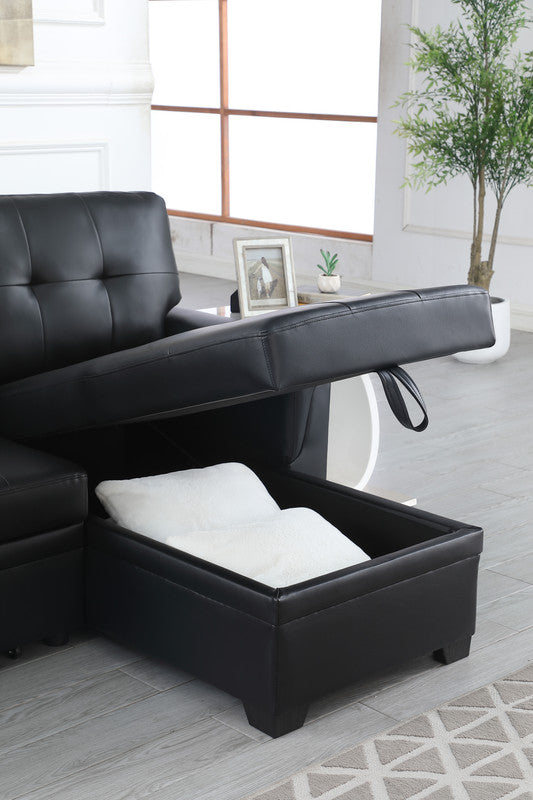 Lucca Black 84"W Vegan Leather Reversible Sleeper Sectional Sofa with Storage Chaise