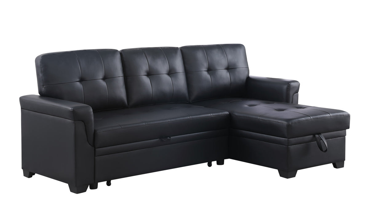 Lucca Black 84"W Vegan Leather Reversible Sleeper Sectional Sofa with Storage Chaise
