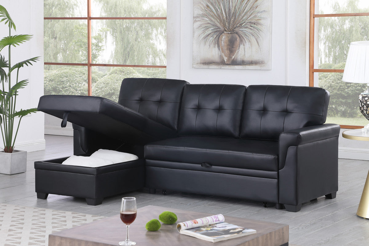 Lucca Black 84"W Vegan Leather Reversible Sleeper Sectional Sofa with Storage Chaise