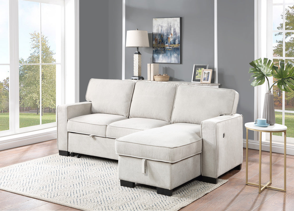 Estelle Beige 86.5"W Fabric Reversible Sleeper Sectional Sofa with Storage Chaise