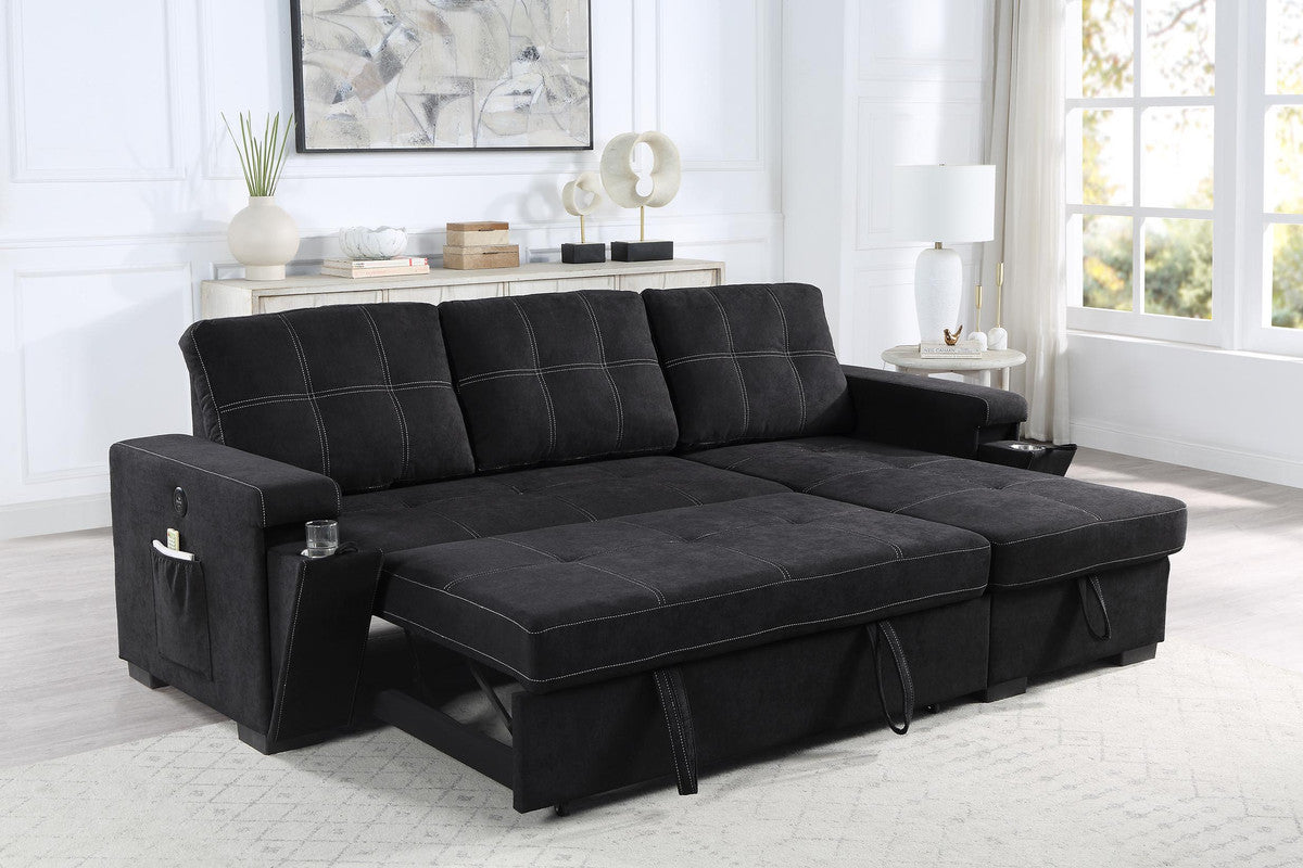 Toby Black 95"W Woven Fabric Reversible Sleeper Sectional Sofa with RAF Storage Chaise