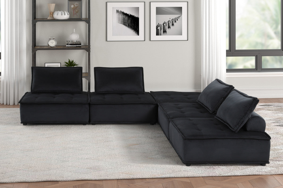 Anna Black 120"W Velvet 5-Piece Modular Sofa & Loveseat Set