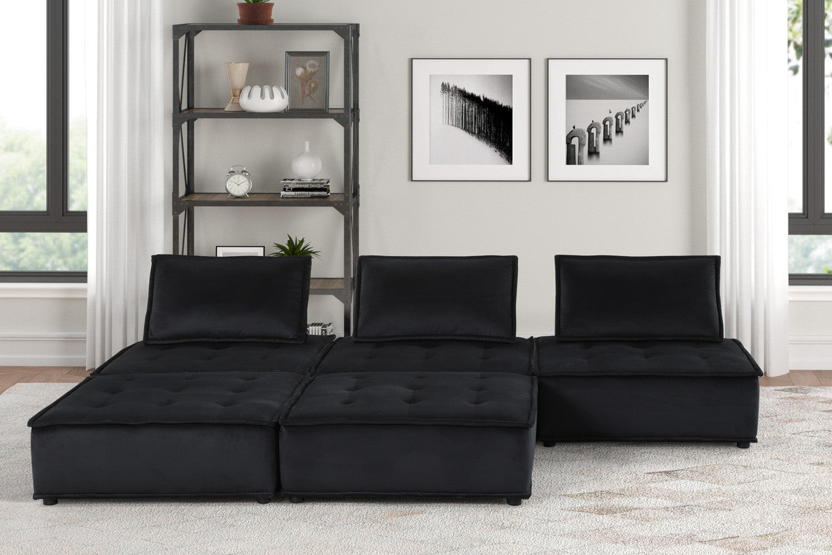 Anna Black 120"W Velvet 5-Piece Sectional Sofa