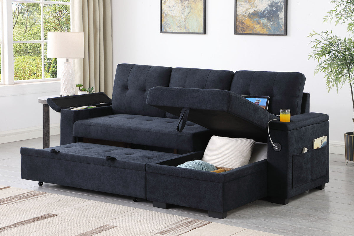 Ashlyn II Charcoal 84"W Woven Fabric Reversible Sleeper Sectional Sofa with Storage Chaise