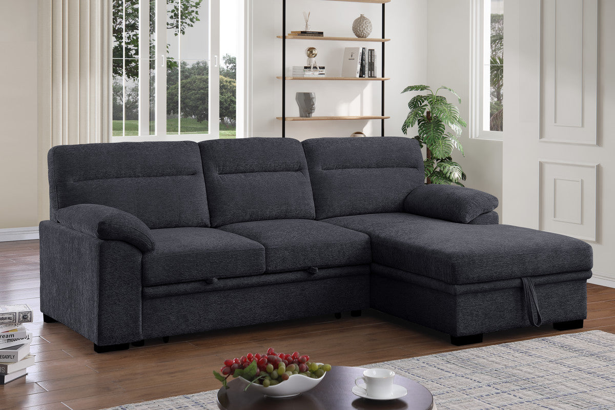 Kipling II Charcoal 95"W Chenille Sleeper Sectional Sofa with Right-Facing Chaise
