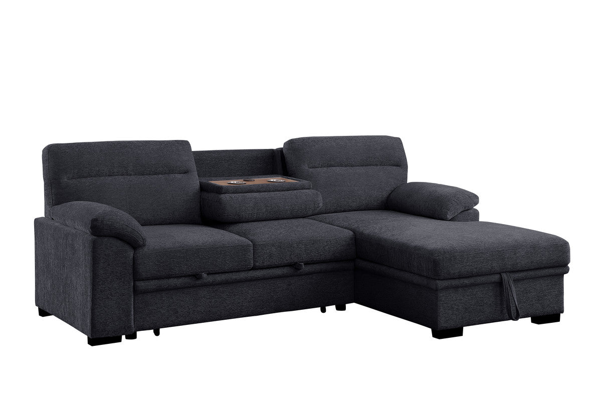 Kipling II Charcoal 95"W Chenille Sleeper Sectional Sofa with Right-Facing Chaise