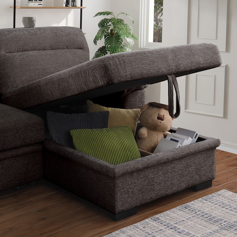 Kipling II Brown 95"W Chenille Sleeper Sectional Sofa with Right-Facing Chaise