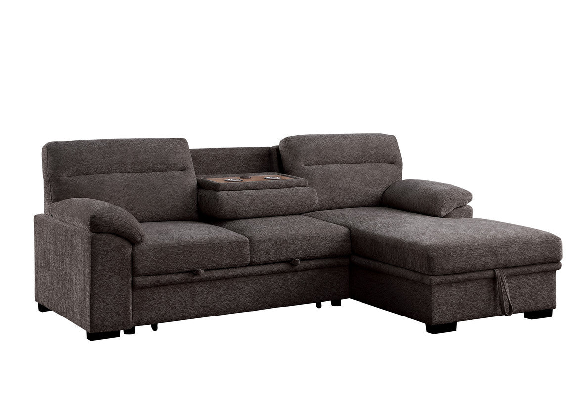 Kipling II Brown 95"W Chenille Sleeper Sectional Sofa with Right-Facing Chaise