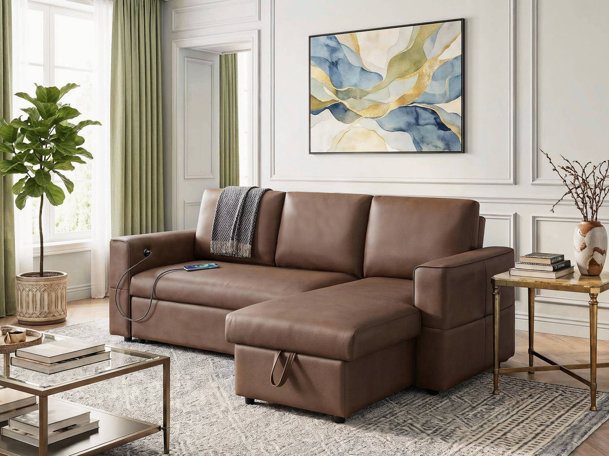 George Caramel 95"W Performance Fabric Reversible Sleeper Sectional Sofa with Storage Chaise