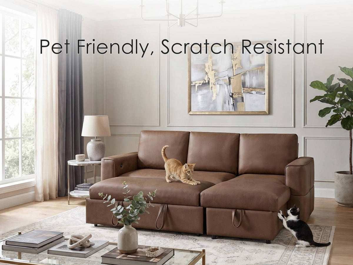 George Caramel 95"W Performance Fabric Reversible Sleeper Sectional Sofa with Storage Chaise