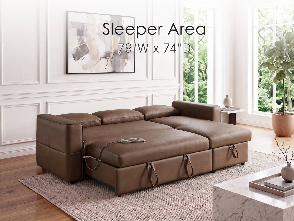 George Caramel 95"W Performance Fabric Reversible Sleeper Sectional Sofa with Storage Chaise