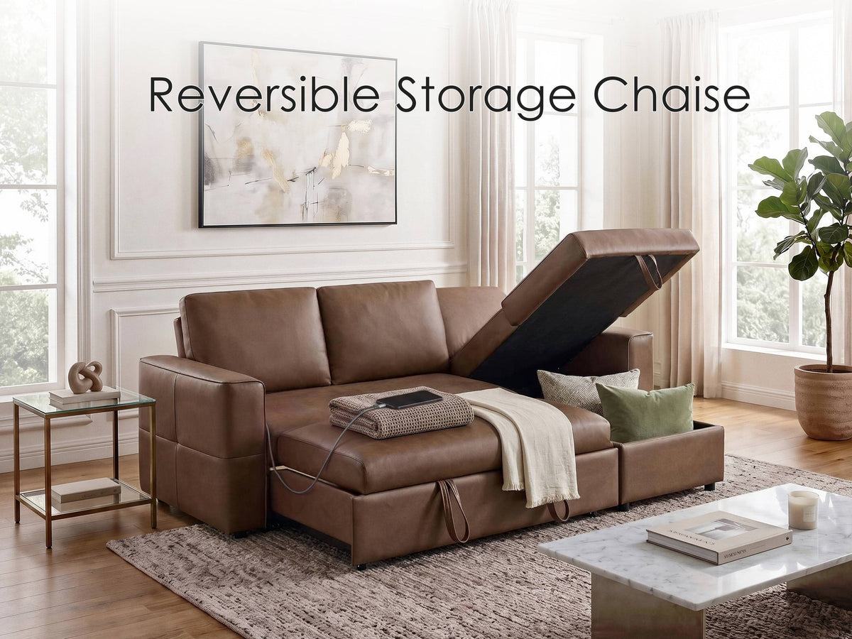 George Caramel 95"W Performance Fabric Reversible Sleeper Sectional Sofa with Storage Chaise