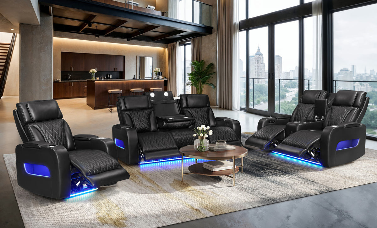 Jazz Black Leather Aire Power Reclining Sofa, Loveseat & Chair Set