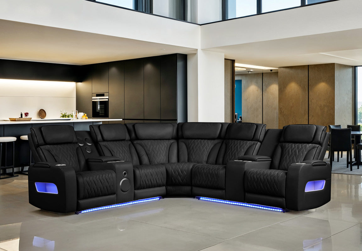 Jazz Black 117"W Leather Aire Power Reclining Sectional Sofa