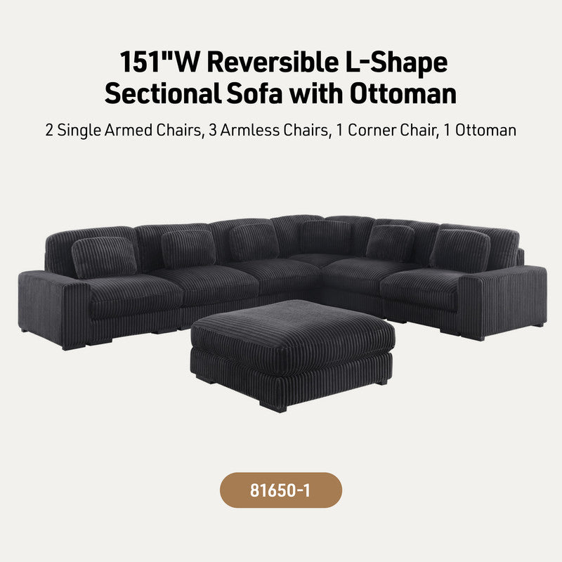 Sloane Charcoal 151"W Corduroy Reversible Modular L-Shape Sectional Sofa with Ottoman