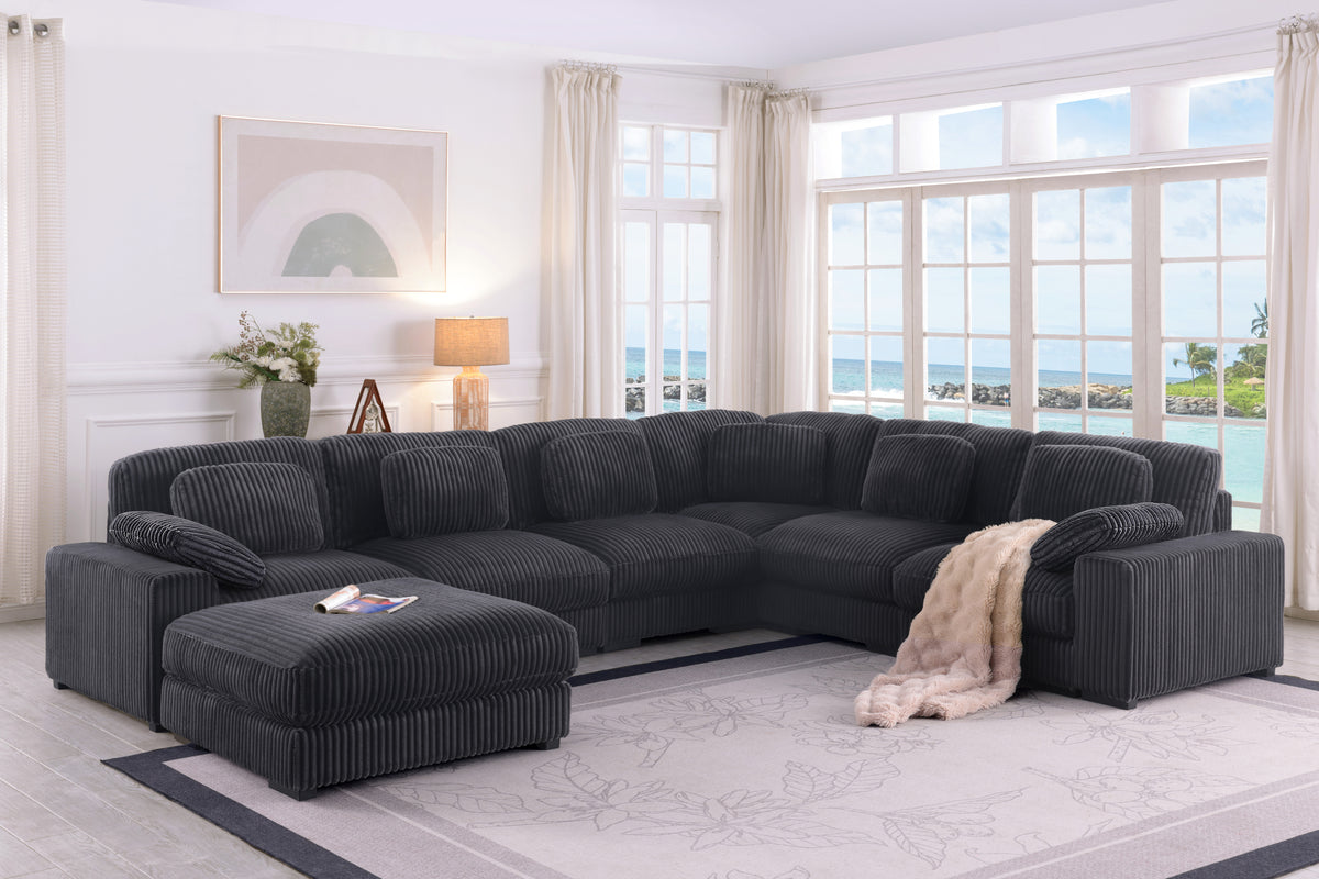 Sloane Charcoal 151"W Corduroy Reversible Modular L-Shape Sectional Sofa with Ottoman
