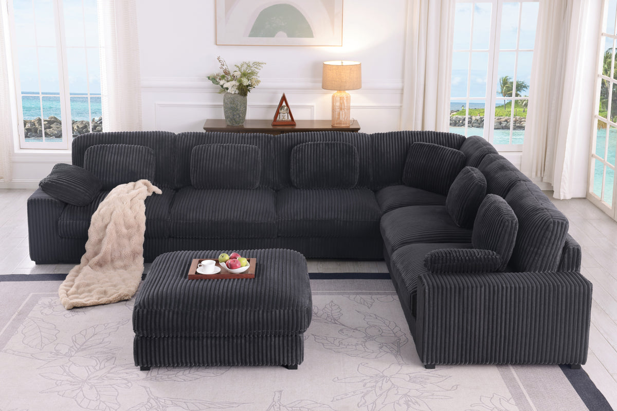 Sloane Charcoal 151"W Corduroy Reversible Modular L-Shape Sectional Sofa with Ottoman