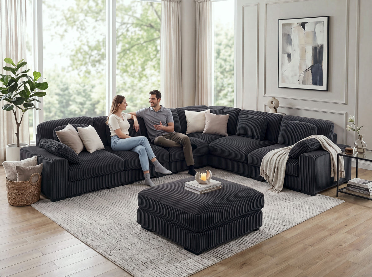 Sloane Charcoal 151"W Corduroy Reversible Modular L-Shape Sectional Sofa with Ottoman
