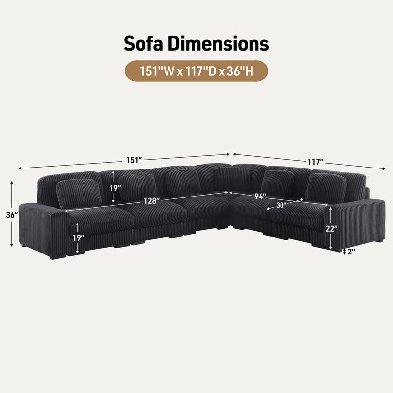 Sloane Charcoal 151"W Corduroy Reversible Modular L-Shape Sectional Sofa