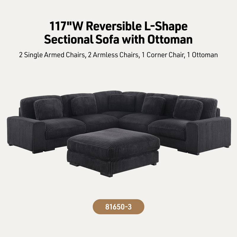 Sloane Charcoal 117"W Corduroy Reversible Modular L-Shape Sectional Sofa with Ottoman