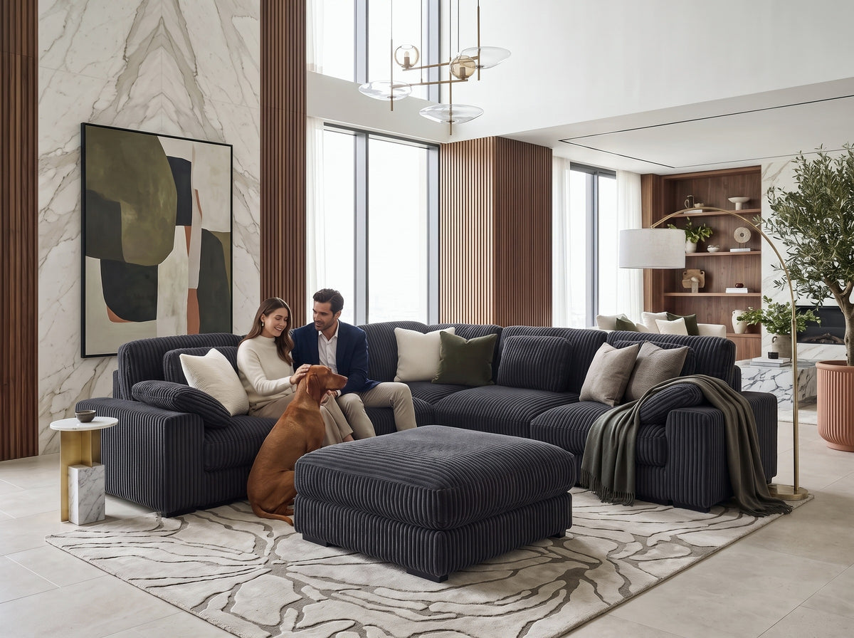 Sloane Charcoal 117"W Corduroy Reversible Modular L-Shape Sectional Sofa with Ottoman