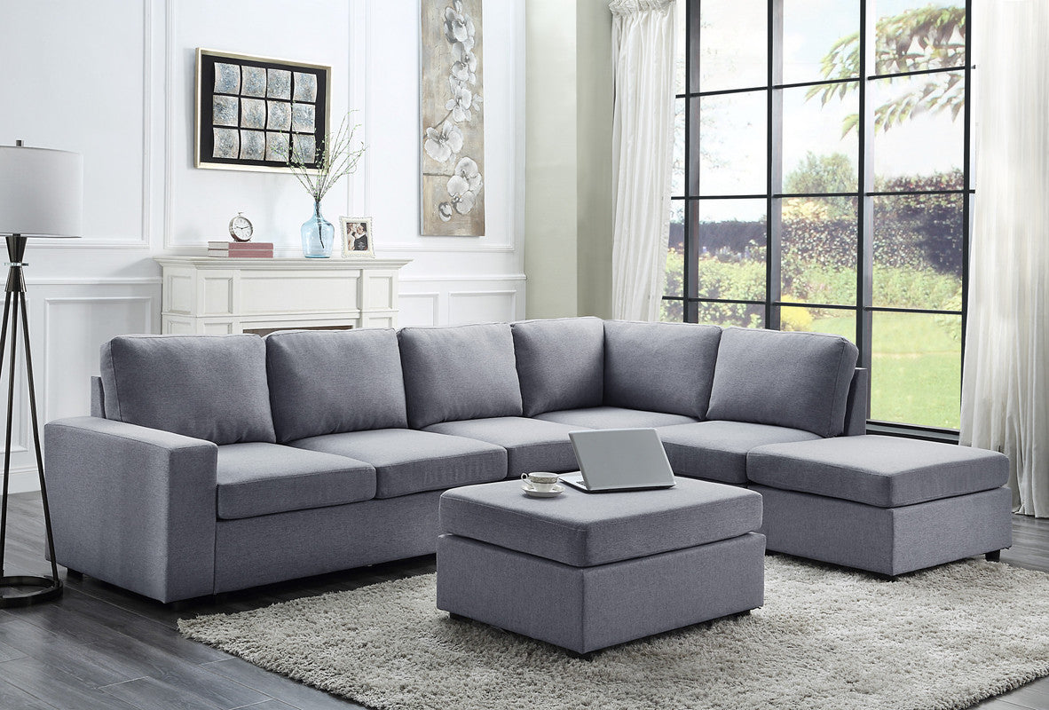 Cassia Light Gray 120"W Linen Reversible Modular Sectional Sofa with Left-Facing Chaise & Ottoman