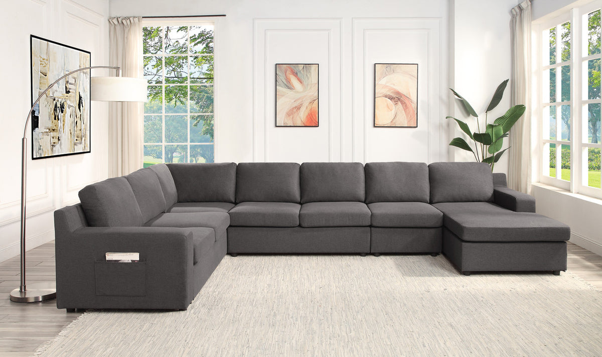 Waylon Gray 145.5"W Linen U-Shape Sectional Sofa with Right-Facing Chaise