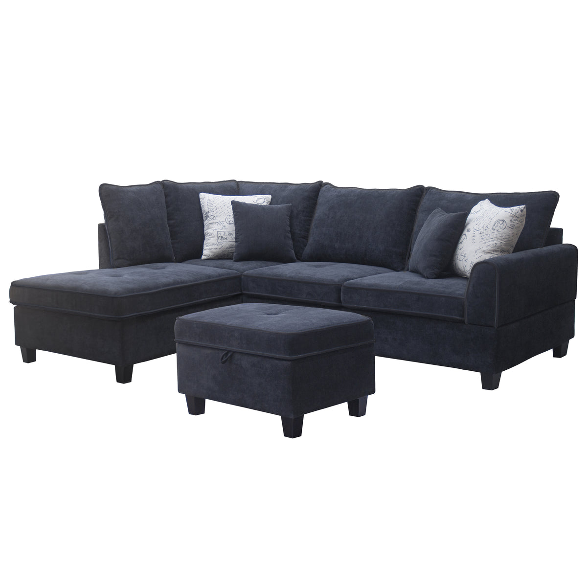Harmony Black 99"W Fabric Sectional Sofa with Left-Facing Chaise & Ottoman