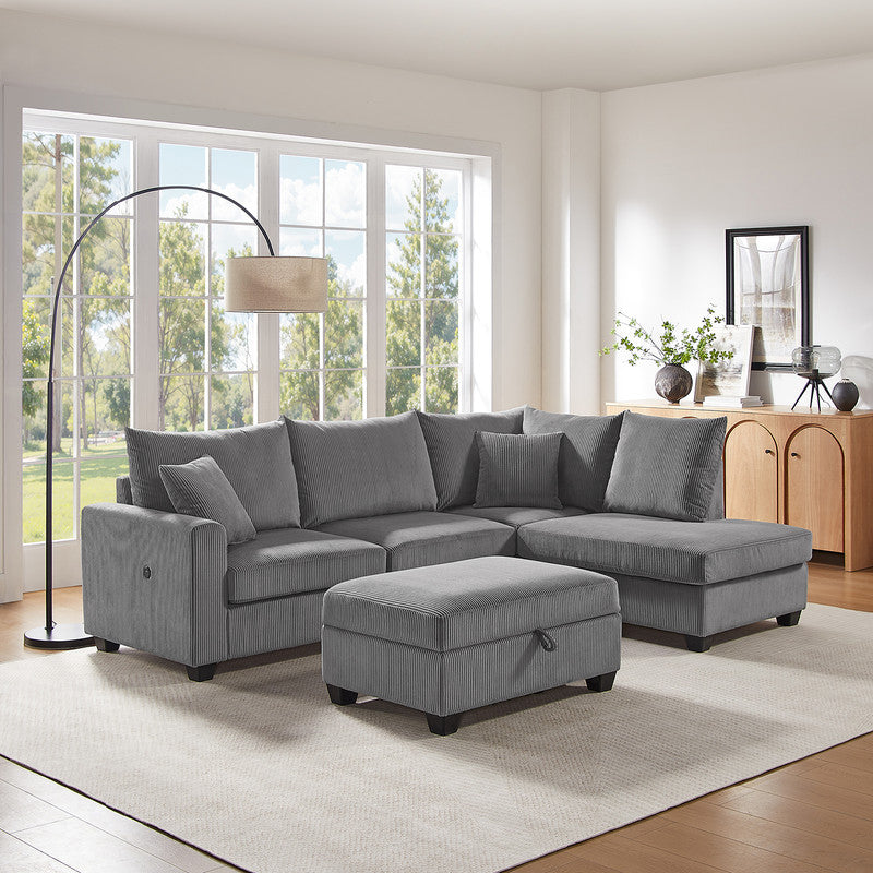 Rowan Dark Gray 107"W Corduroy Sectional Sofa with Right-Facing Chaise & Ottoman