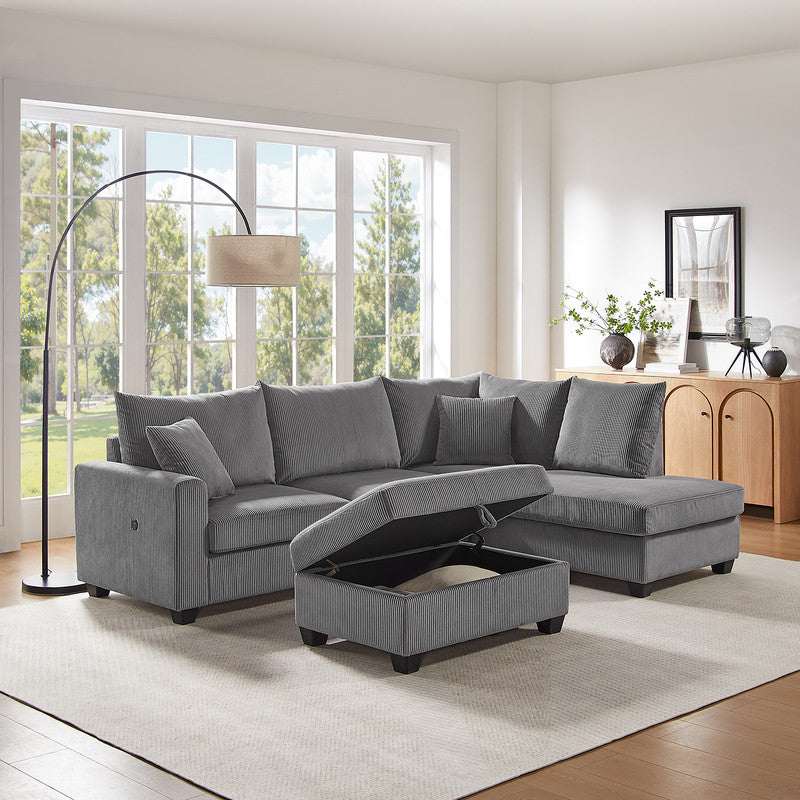 Rowan Dark Gray 107"W Corduroy Sectional Sofa with Right-Facing Chaise & Ottoman