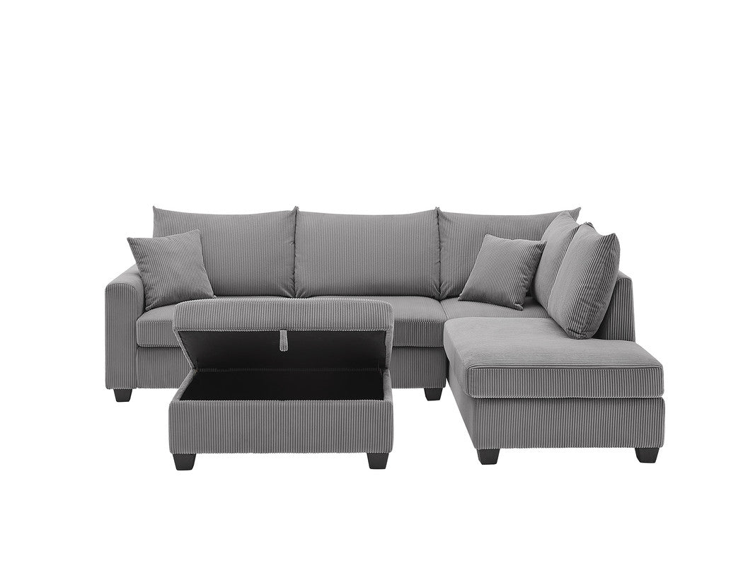 Rowan Dark Gray 107"W Corduroy Sectional Sofa with Right-Facing Chaise & Ottoman