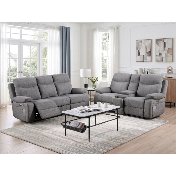 Centric Gray Power Double Reclining Loveseat With Center Console Power Headrests Power Lumbar Support Wireless Charger Hidden Cup Holders Bluetooth Speakers And Charging Ports