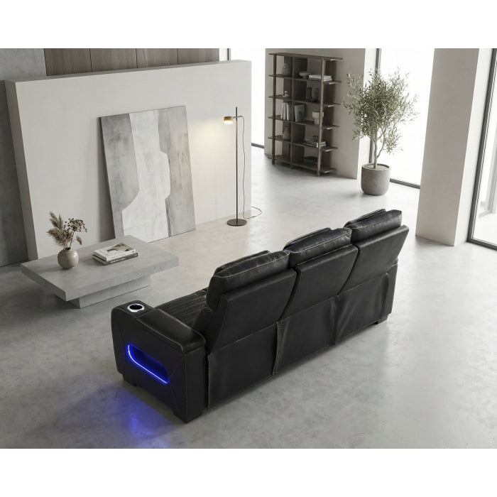 Cyber Black Power Double Reclining Sofa With Center Drop-down Cup Holders Power Headrests Storage Arms Cup Holders Reading Lights Wireless Charger Air Massage Heat Led Lighting And Charging Ports