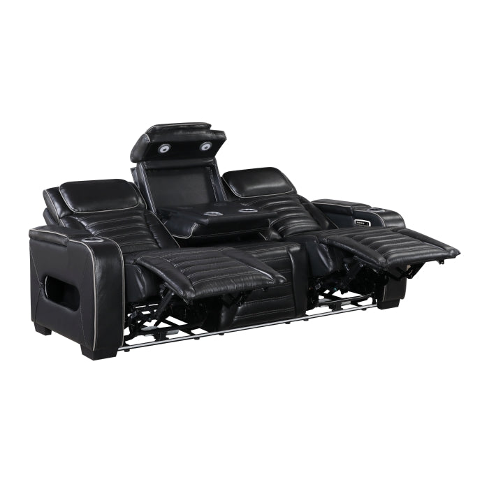 Cyber Black Power Double Reclining Sofa With Center Drop-down Cup Holders Power Headrests Storage Arms Cup Holders Reading Lights Wireless Charger Air Massage Heat Led Lighting And Charging Ports