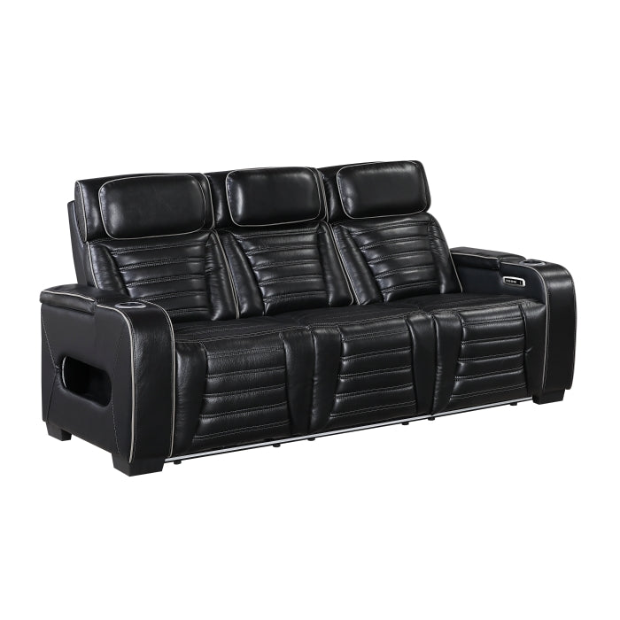 Cyber Black Power Double Reclining Sofa With Center Drop-down Cup Holders Power Headrests Storage Arms Cup Holders Reading Lights Wireless Charger Air Massage Heat Led Lighting And Charging Ports