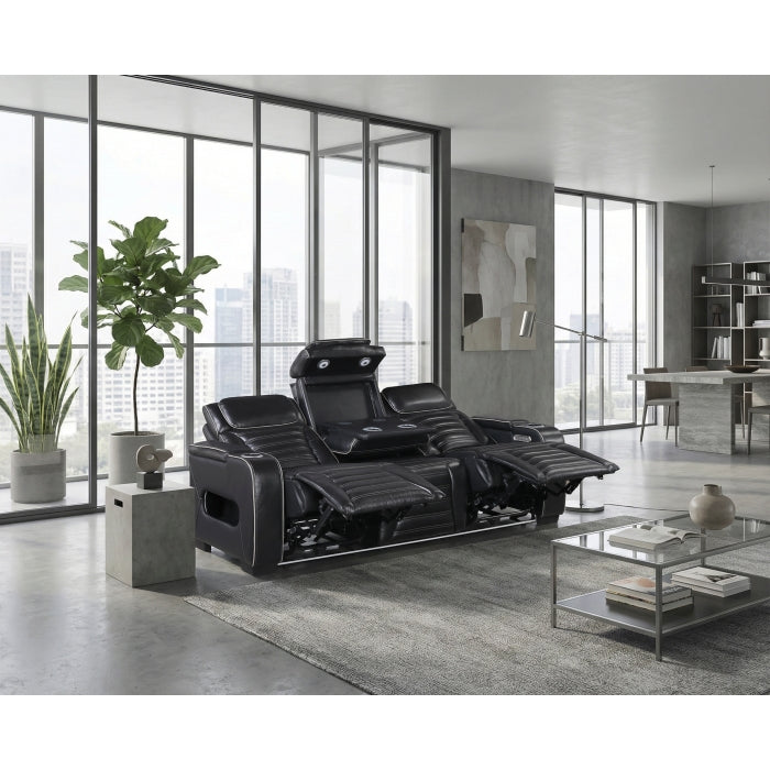 Cyber Black Power Double Reclining Sofa With Center Drop-down Cup Holders Power Headrests Storage Arms Cup Holders Reading Lights Wireless Charger Air Massage Heat Led Lighting And Charging Ports