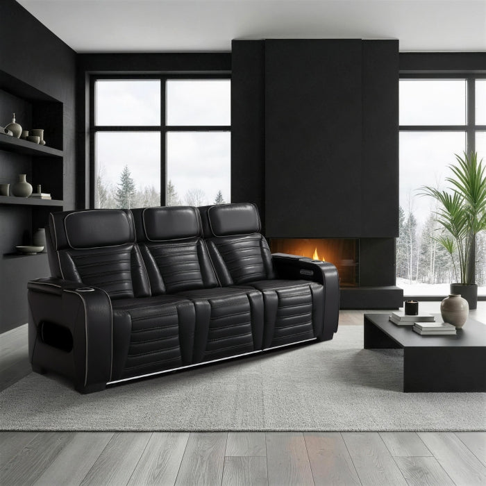 Cyber Black Power Double Reclining Sofa With Center Drop-down Cup Holders Power Headrests Storage Arms Cup Holders Reading Lights Wireless Charger Air Massage Heat Led Lighting And Charging Ports