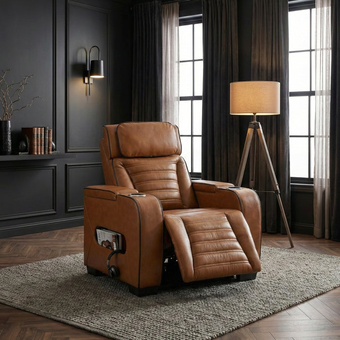 Cyber Brown Power Reclining Chair With Power Headrest Cup Holder Storage Arms Air Massage Heat Led Lighting And Charging Ports