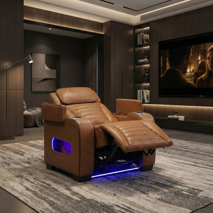 Cyber Brown Power Reclining Chair With Power Headrest Cup Holder Storage Arms Air Massage Heat Led Lighting And Charging Ports