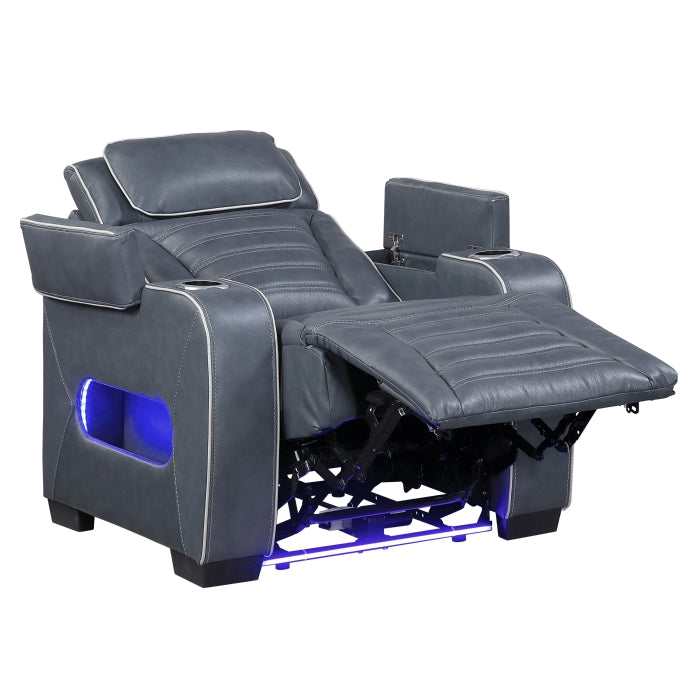 Cyber Blue Power Reclining Chair With Power Headrest Cup Holder Storage Arms Air Massage Heat Led Lighting And Charging Ports