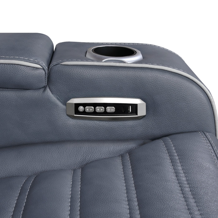 Cyber Blue Power Double Reclining Sofa With Center Drop-down Cup Holders Power Headrests Storage Arms Cup Holders Reading Lights Wireless Charger Air Massage Heat Led Lighting And Charging Ports