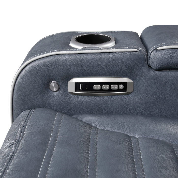 Cyber Blue Power Double Reclining Sofa With Center Drop-down Cup Holders Power Headrests Storage Arms Cup Holders Reading Lights Wireless Charger Air Massage Heat Led Lighting And Charging Ports