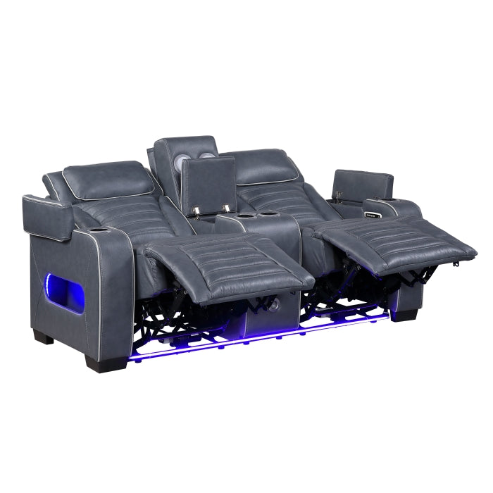 Cyber Blue Power Double Reclining Loveseat With Center Console Power Headrests Storage Arms Cup Holders Wireless Speakers With Sub-woofer Air Massage Heat Led Lighting And Charging Ports